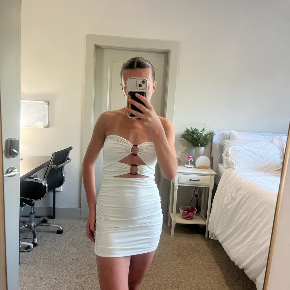 White cutout mini dress with rouching in back // Size small